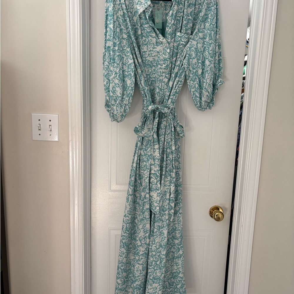 Anthropologie Teal and White Printed Dress